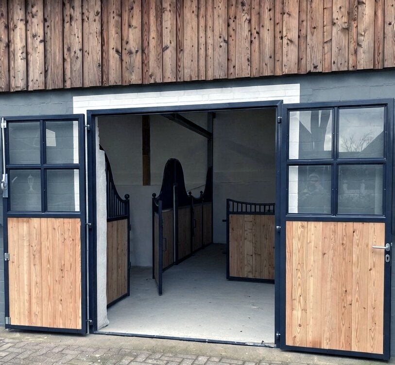 Offenes Stalltor mit Blick in die Stallgasse